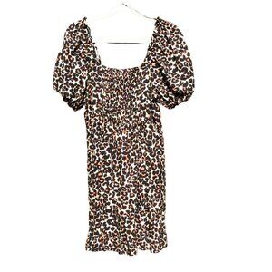 Who What Wear Womens Dress Small Baby Doll Leopard Print Linen Rayon Puff Sleeve
